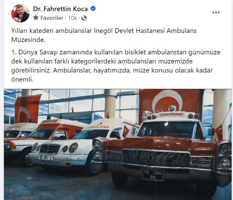 Sağlık Bakanı Koca’dan İnegöl Ambulans Müze Paylaşımı