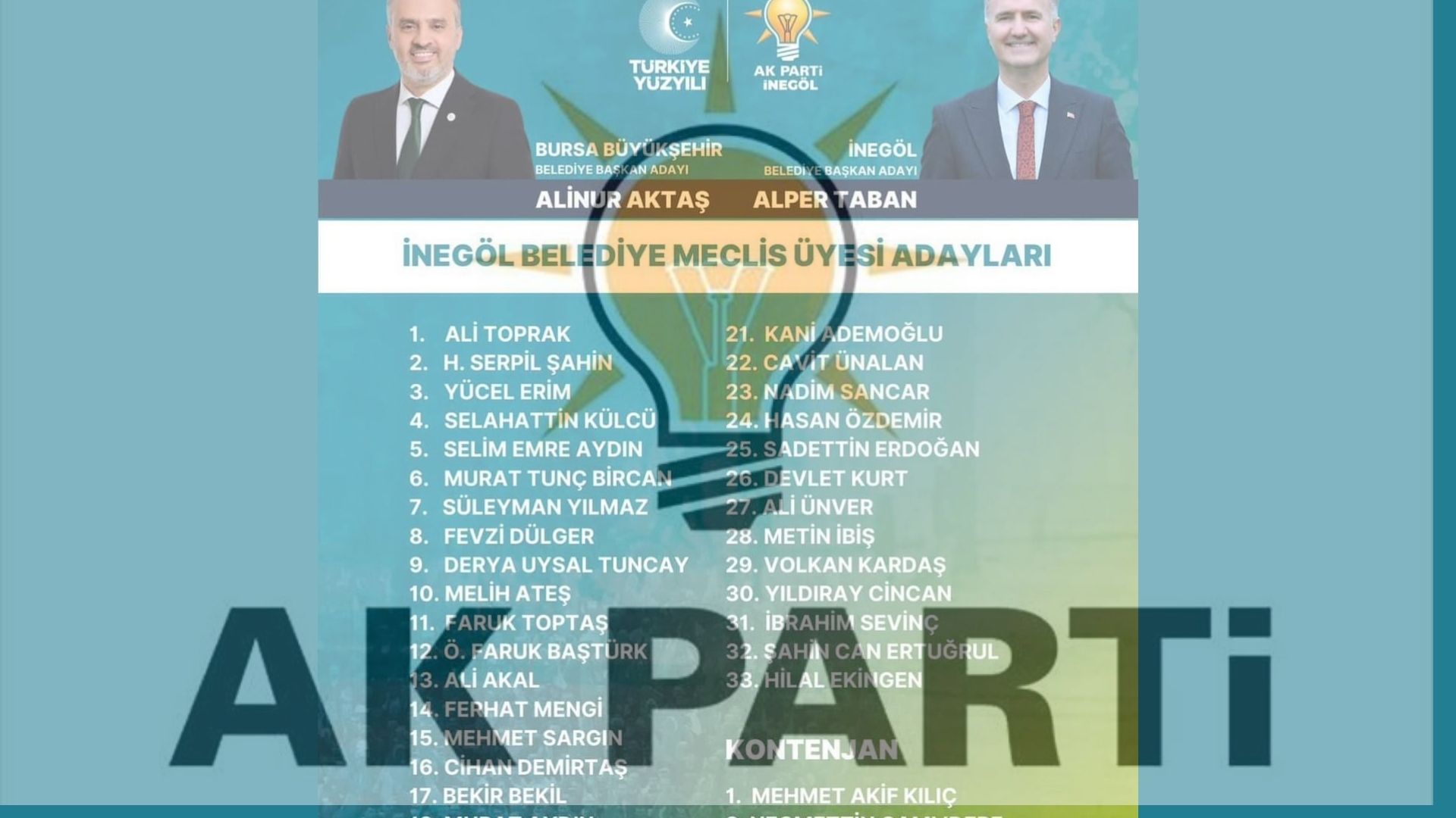 AK Partinin İnegöl ilçe Seçim Kuruluna verdiği kesin liste açıklandı