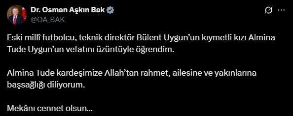 Bakan Bak’tan, Bülent Uygun’un kızı için taziye mesajı Gençlik ve Spor Bakanı Osman Aşkın Bak, Teknik Direktör Bülent