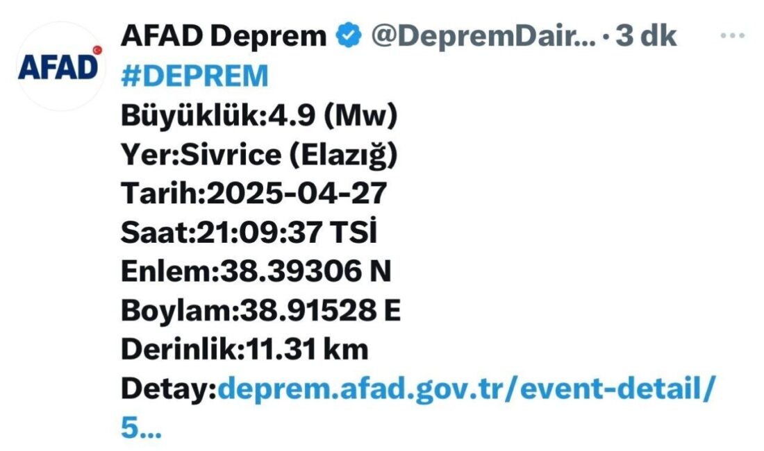 Elazığ’da 4,9 büyüklüğünde deprem Elazığ’ın Sivrice ilçesinde 4,9 büyüklüğünde deprem meydana geldi. AFAD’dan yapılan