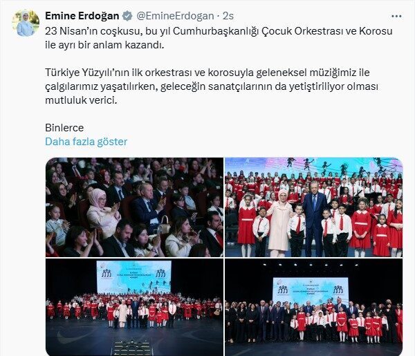Emine Erdoğan’dan Cumhurbaşkanlığı Çocuk Orkestrası ve Korosu paylaşımı Cumhurbaşkanı Recep Tayyip Erdoğan’ın eşi Emine Erdoğan, Cumhurbaşkanlığı Çocuk Orkestrası