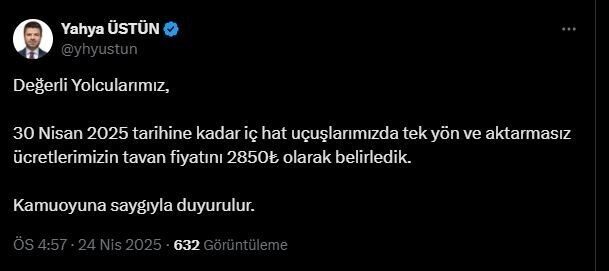 THY’de yeni tavan fiyat Türk Hava Yolları, İstanbul’da yaşanan depremin ardından iç hat uçuşlarında