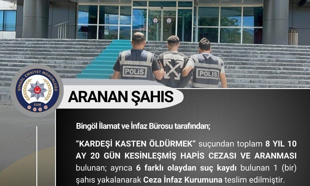 Bingöl’de 8 yıl kesinleşmiş hapis cezası bulunan zanlı yakalandı Bingöl’de 8 yıl 10 ay 20 gün kesinleşmiş hapis cezası