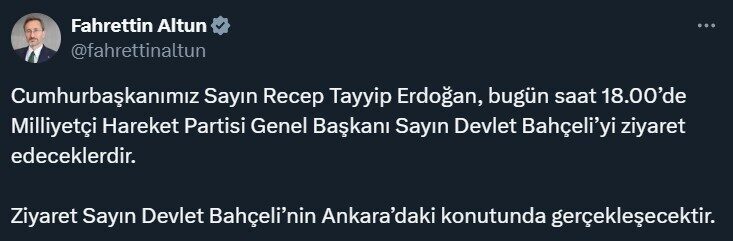 Cumhurbaşkanı Erdoğan, MHP lideri Bahçeli’yi ziyaret edecek İletişim Başkanı Fahrettin Altun, Cumhurbaşkanı Recep Tayyip Erdoğan’ın Milliyetçi Hareket