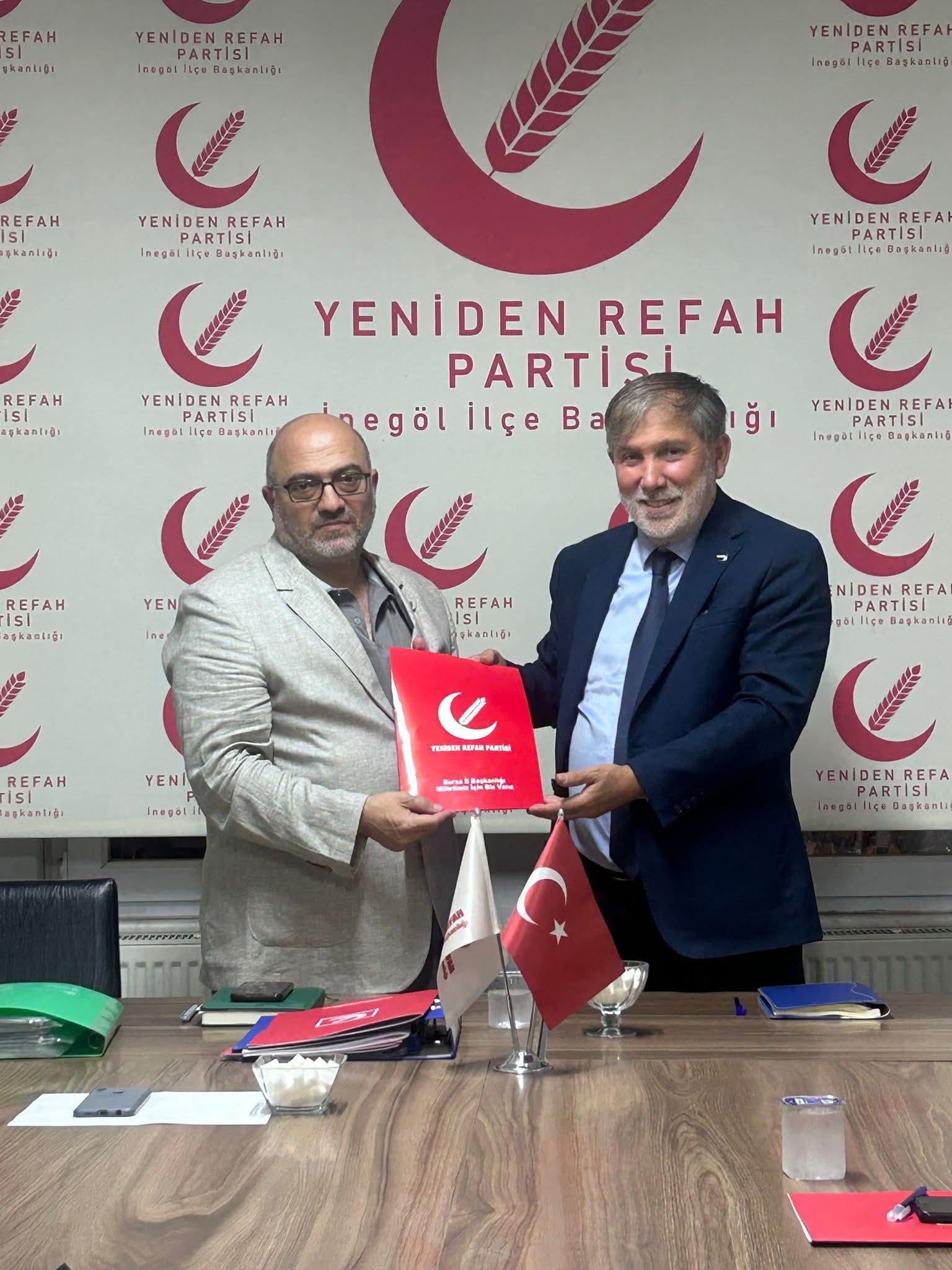 Yeniden Refah Partisinden yapılan açıklamada partinin İnegöl ilçe başkanlığına Celalettin