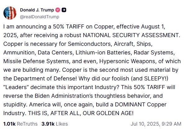 ABD Başkanı Donald Trump, 1 Ağustos 2025 itibarıyla bakıra yüzde