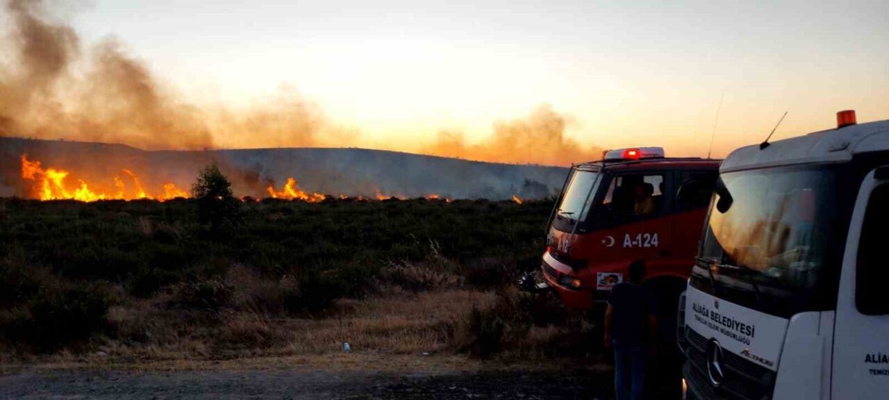 İzmir’in Aliağa ilçesinde otluk alanda çıkan yangın, ekiplerin havadan ve