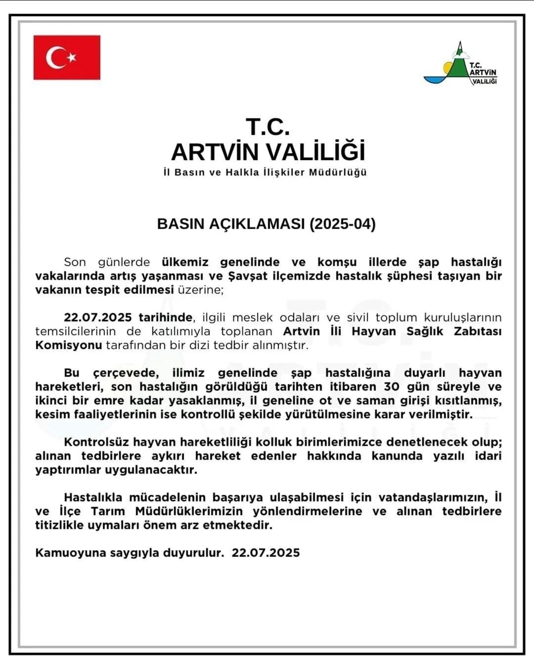 Artvin’de şap hastalığına karşı alınan tedbirler kapsamında, hayvan hareketleri 30