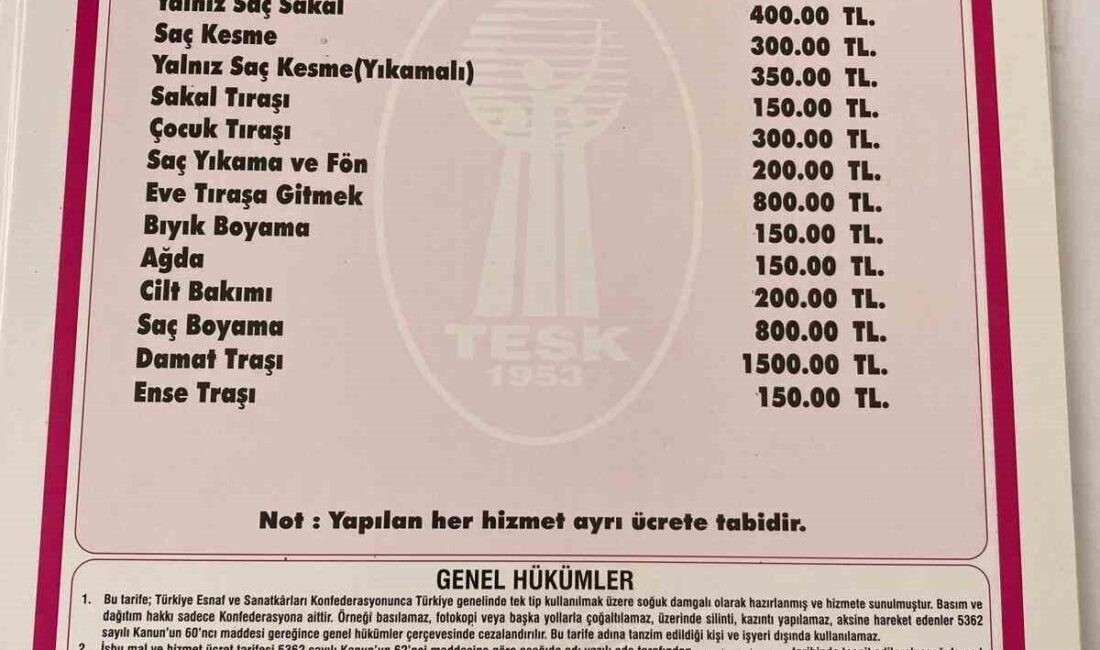 Samsun’un Bafra ilçesinde kadın kuaförleri ve erkek berberlerine yönelik fiyat