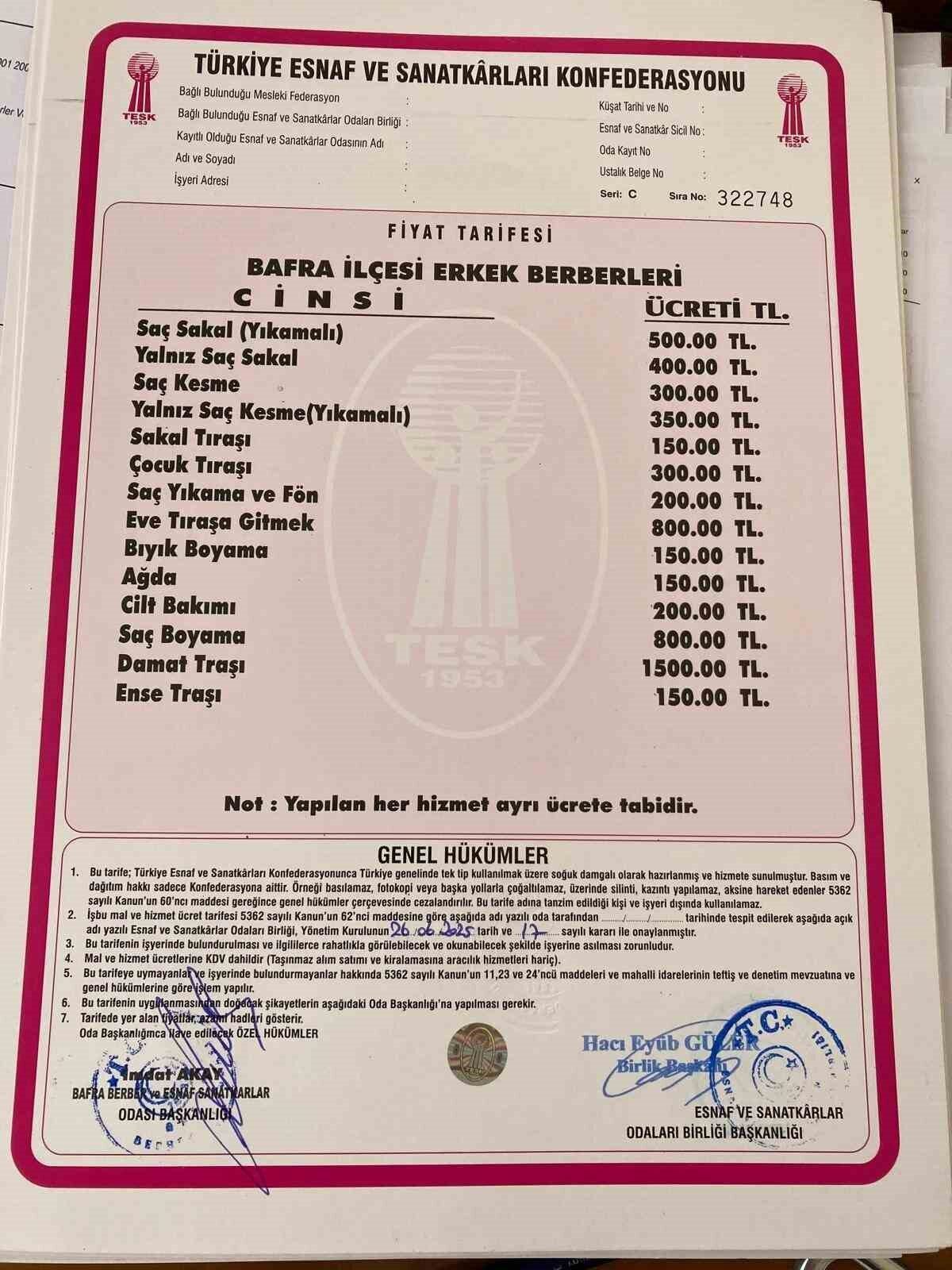 Samsun’un Bafra ilçesinde kadın kuaförleri ve erkek berberlerine yönelik fiyat