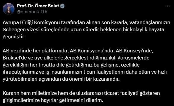 Ticaret Bakanı Ömer Bolat, “Avrupa Birliği Komisyonu tarafından alınan son