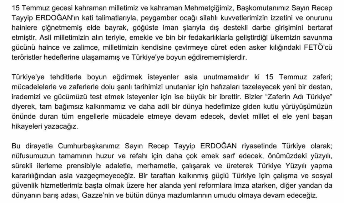Çalışma ve Sosyal Güvenlik Bakanı Vedat Işıkhan, “15 Temmuz zaferi;