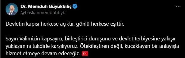 Kayseri Büyükşehir Belediye Başkanı Memduh Büyükkılıç, sosyal medya hesabından yaptığı