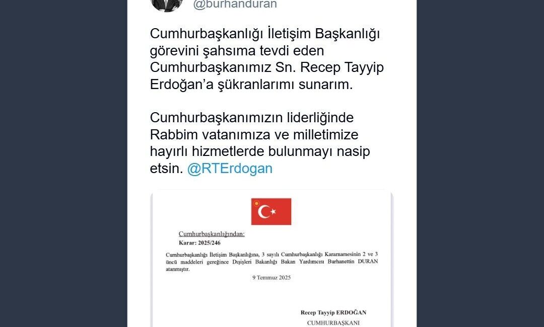 Cumhurbaşkanı Recep Tayyip Erdoğan’ın imzasıyla yayımlanan kararnameyle Dışişleri Bakan Yardımcısı