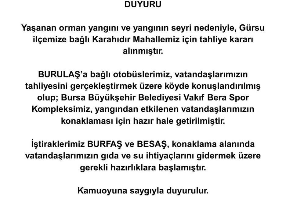 Kestel ile Gürsu ilçeleri arasındaki ormanlık alandaki yangın sebebiyle Karahıdır