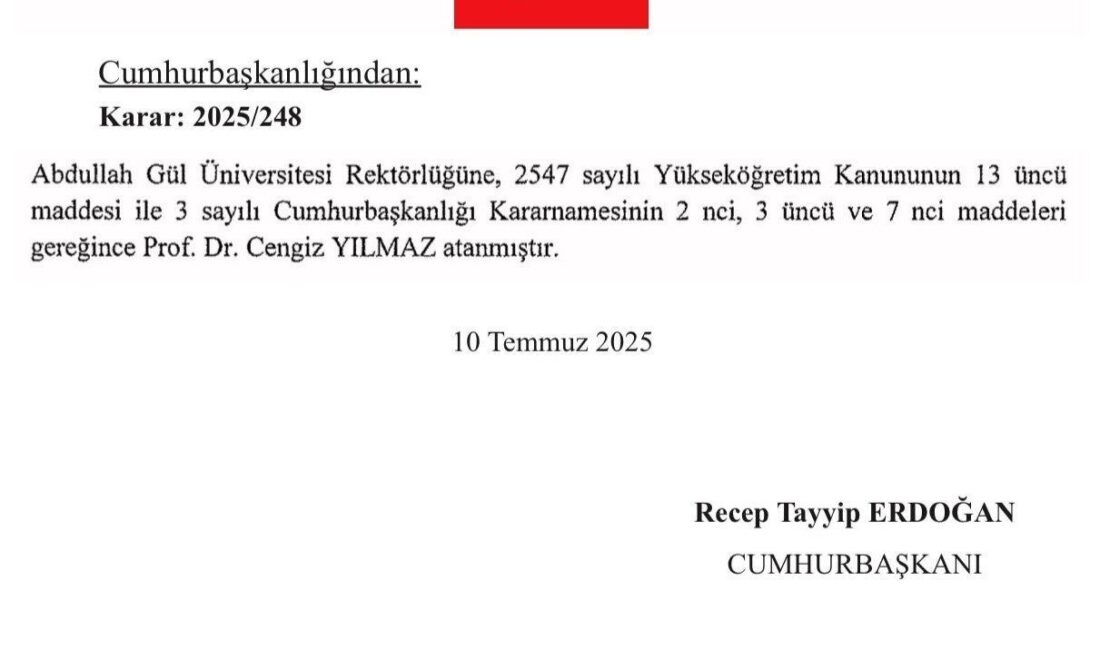 Abdullah Gül Üniversitesi (AGÜ) Rektörü Prof. Dr. Cengiz Yılmaz; yayımlanan