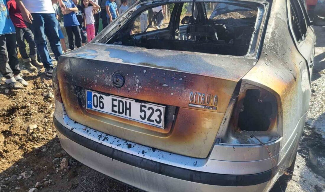 Çorum’un Sungurlu ilçesinde köy mezarlığı önünde park halindeki otomobil alev