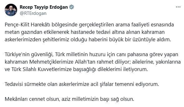 Cumhurbaşkanı Recep Tayyip Erdoğan, Pençe-Kilit bölgesinde arama faaliyetleri sırasında şehit