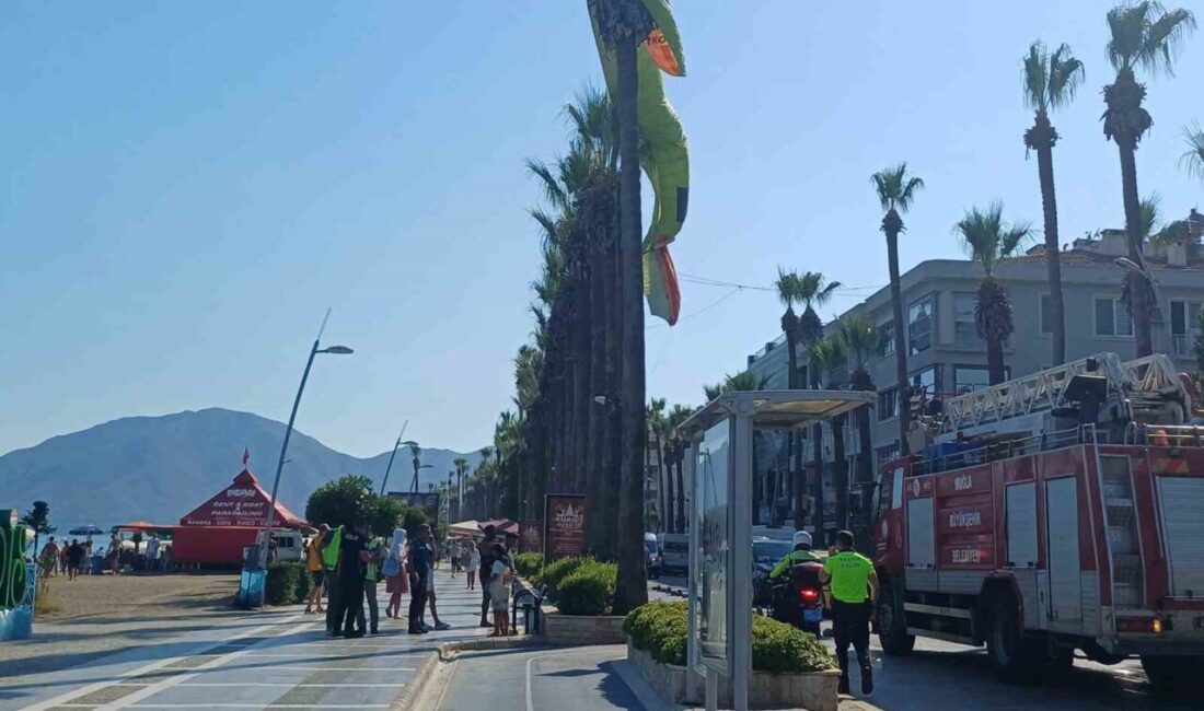 Muğla’nın Marmaris ilçesinde deniz paraşütü palmiye ağacına takılırken, ağaçta asılı