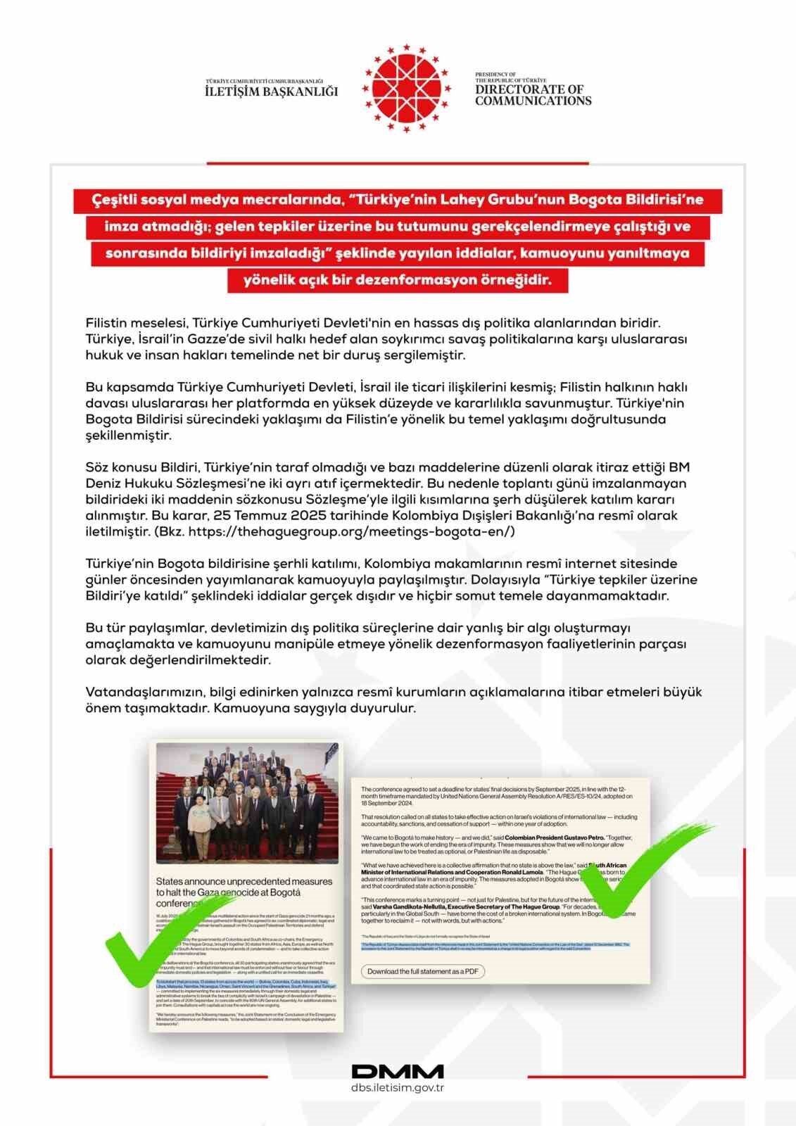 Dezenformasyonla Mücadele Merkezi, ’Türkiye’nin Bogota Bildirisi’ne tepkiler üzerine katıldığı’ iddialarının