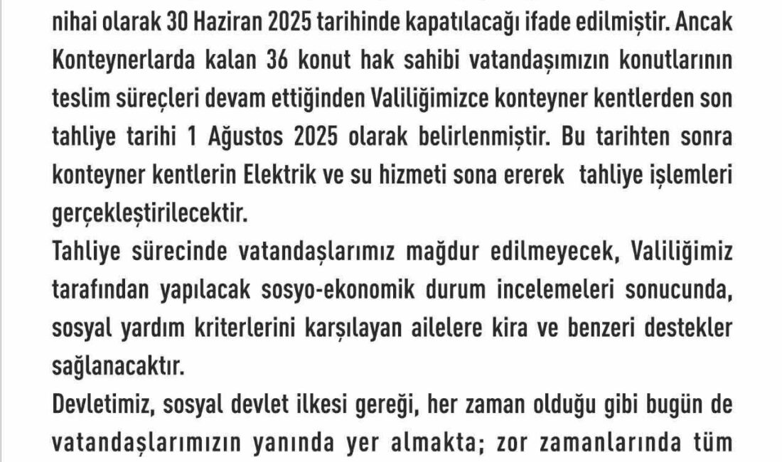 Elazığ Valiliği, konteyner kentlerde kalan son 36 hak sahibi için