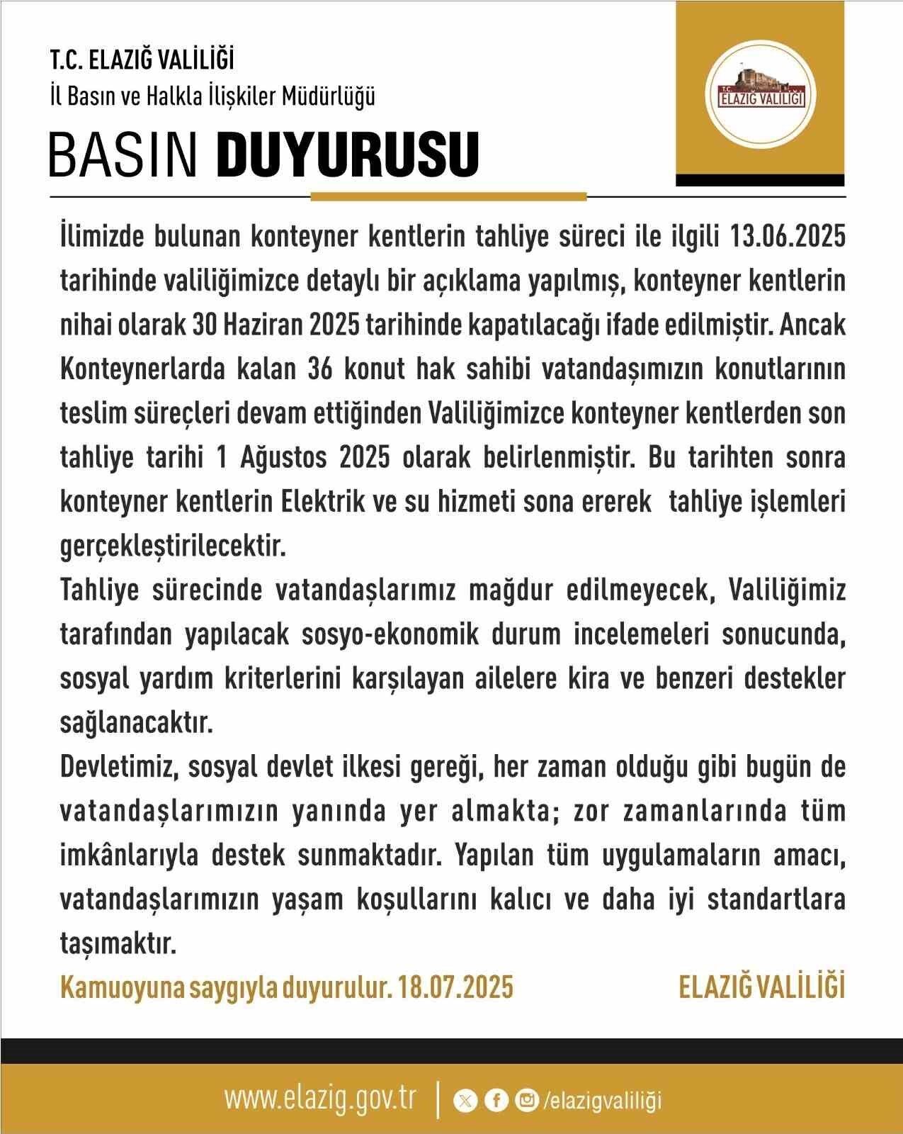 Elazığ Valiliği, konteyner kentlerde kalan son 36 hak sahibi için