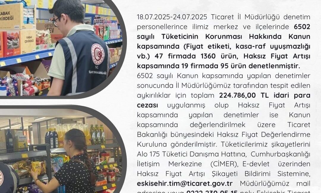Eskişehir Valiliği tarafından açıklanan temmuz ayı Ticaret İl Müdürlüğü denetimlerinde,