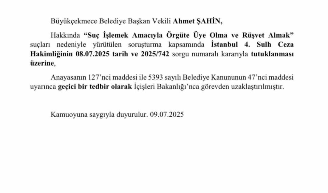İçişleri Bakanlığı, Adana Büyükşehir Belediye Başkanı ve Büyükçekmece Belediye Başkan
