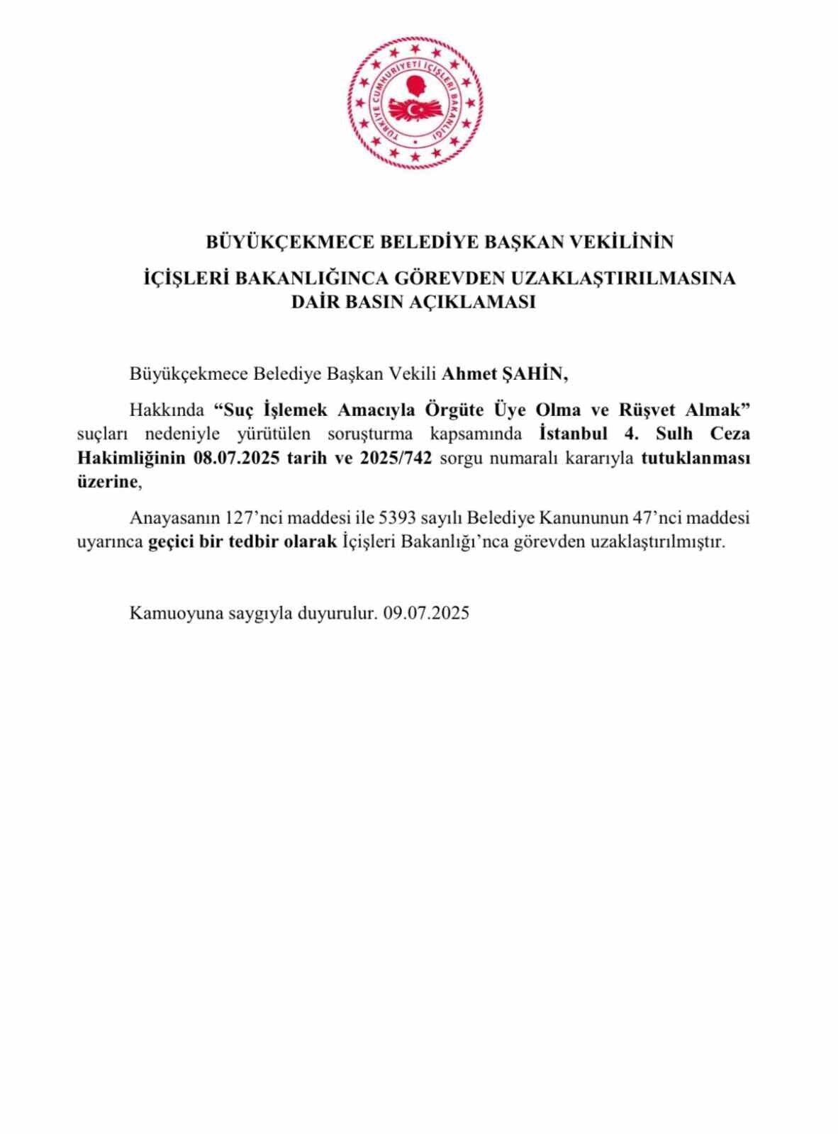 İçişleri Bakanlığı, Adana Büyükşehir Belediye Başkanı ve Büyükçekmece Belediye Başkan