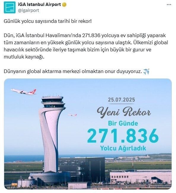 İstanbul Havalimanı, günlük yolcu trafiğinde yeni bir rekora imza attı.