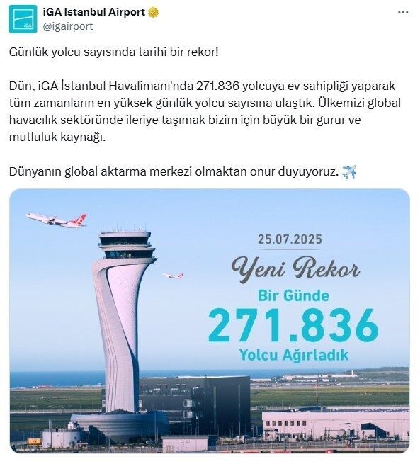 İstanbul Havalimanı, günlük yolcu trafiğinde yeni bir rekora imza attı.