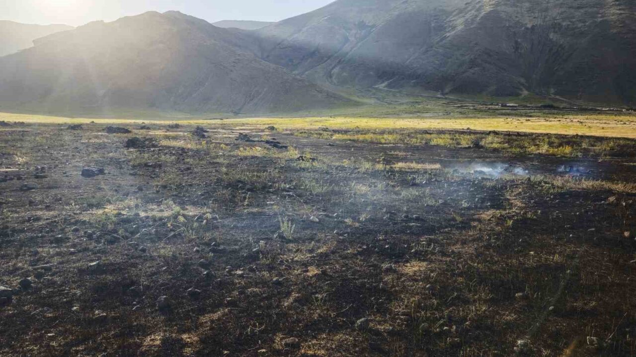 Iğdır’ın Karagüney köyünde tarım arazilerinde çıkan yangın, itfaiye ekiplerinin müdahalesiyle