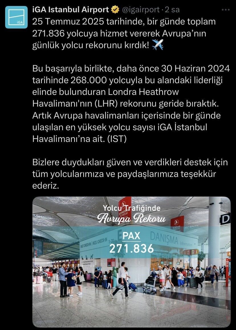 İstanbul Havalimanı, 25 Temmuz 2025 tarihinde 271 bin 836 yolcuya