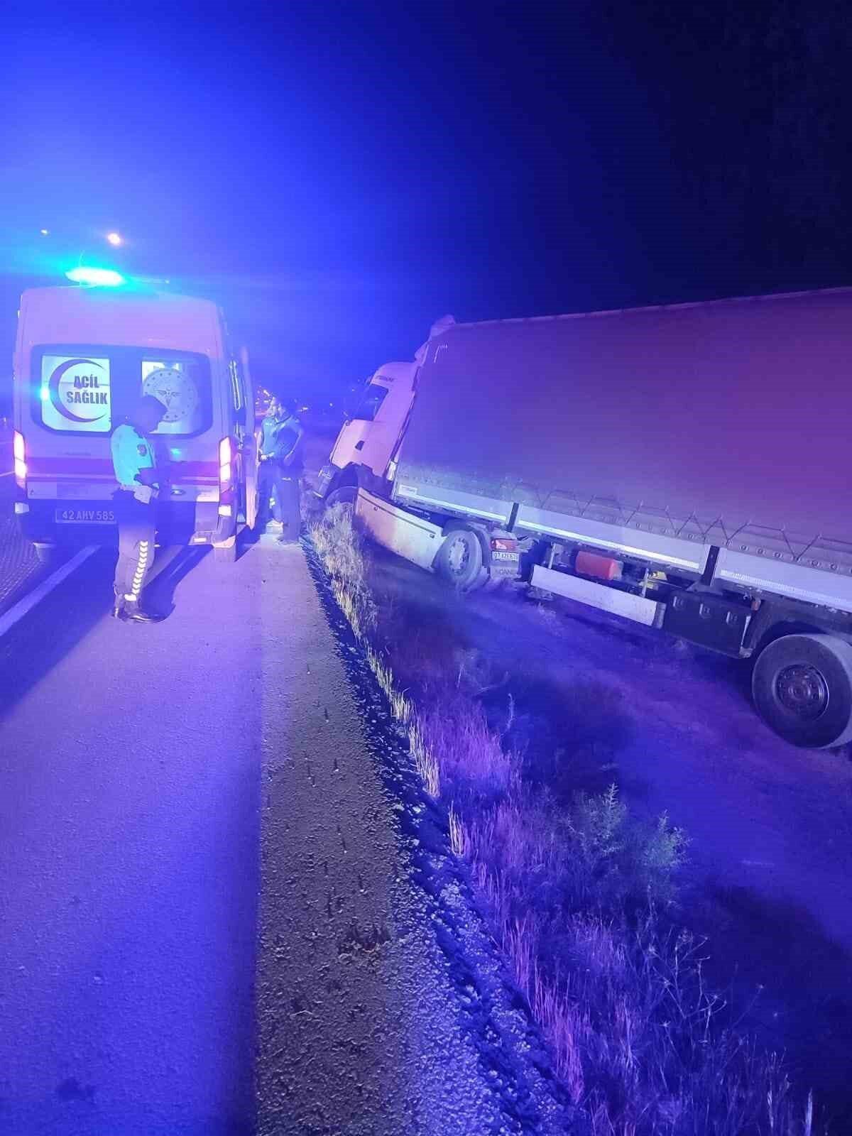 Konya’nın Karapınar ilçesinde şarampole düşüp yön tabelasına çarpan tır sürücüsü