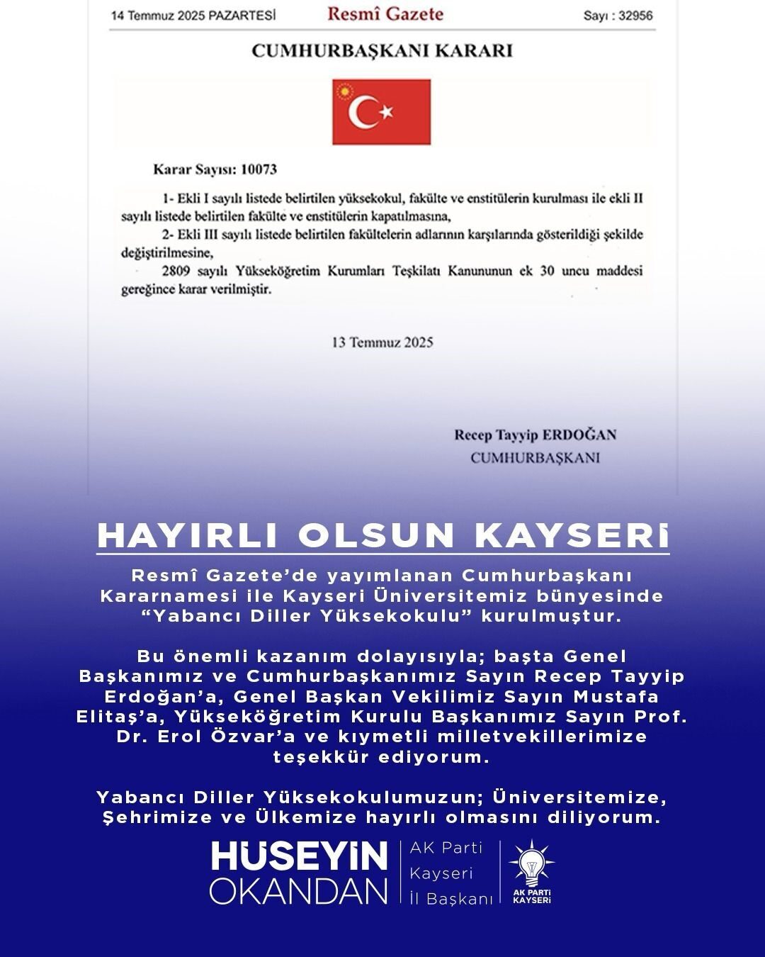 AK Parti Kayseri İl Başkanı Hüseyin Okandan, Kayseri Üniversitesi’nde (KAYÜ)