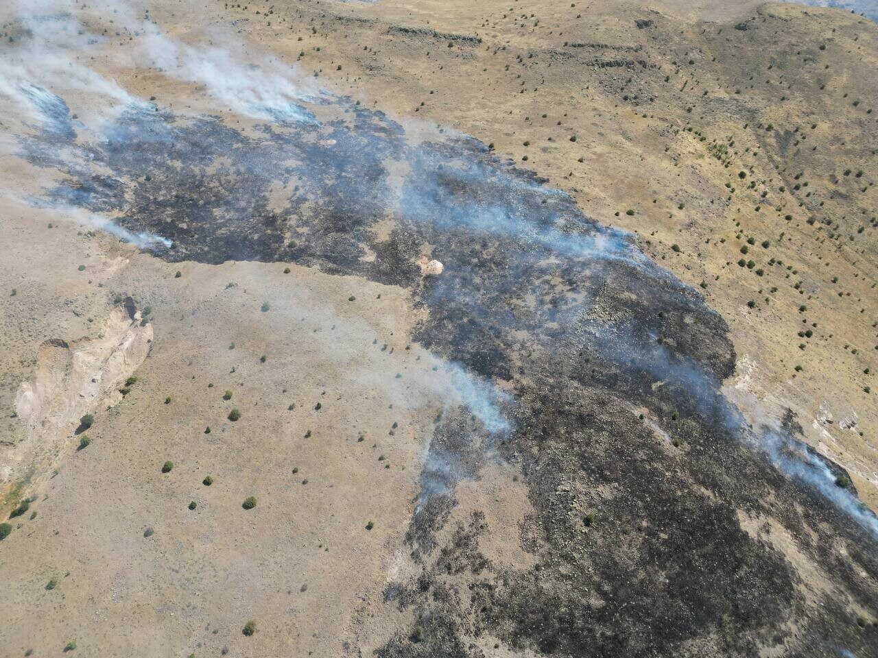 Malatya’nın Akçadağ ilçesinde dağlık alanda çıkan örtü yangını havadan görüntülendi.