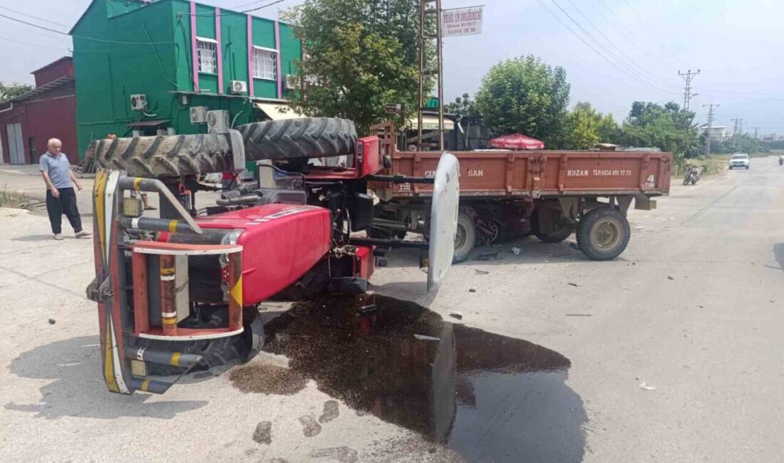 Adana’nın Kozan ilçesinde otomobille çarpışan traktör devrildi, 2 sürücü de