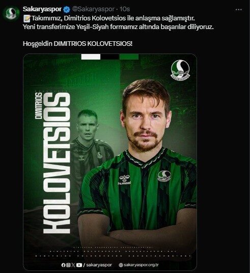 Sakaryaspor, Dimitrios Kolovetsios’ı kadrosuna kattığını açıkladı. Trendyol 1. Lig ekiplerinden