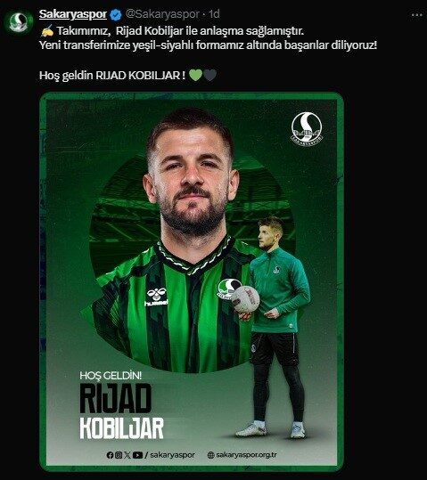 Sakaryaspor, 29 yaşındaki Bosna Hersekli orta saha oyuncusu Rijad Kobiljar’u