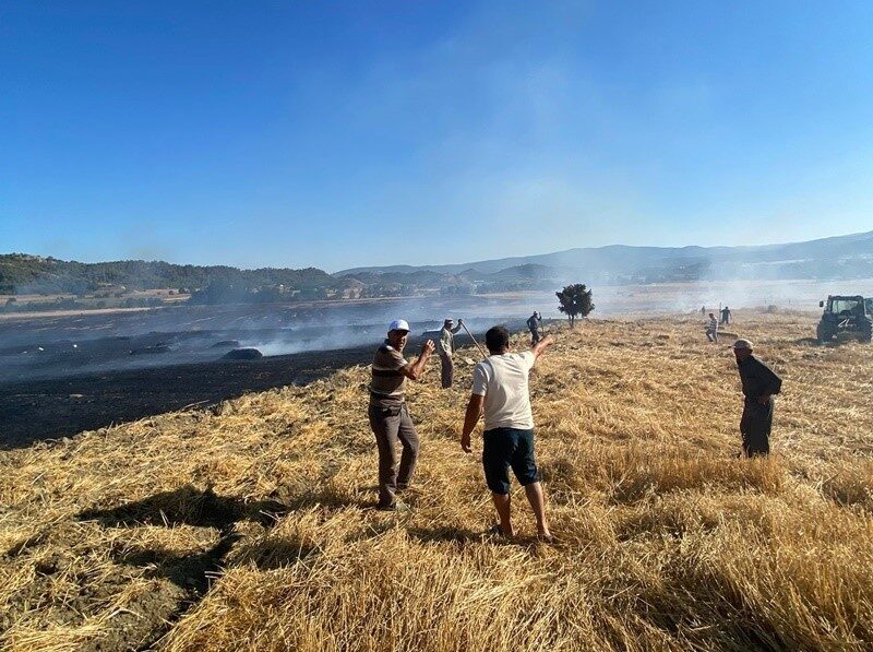 Sinop’un Boyabat ilçesinde meydana gelen anız yangınında 60 balya saman