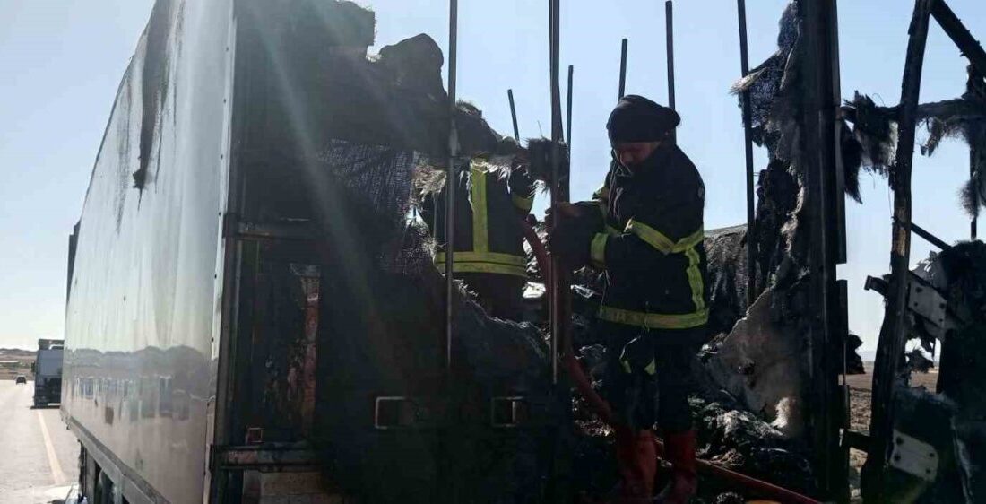 Şanlıurfa’nın Siverek ilçesinde seyir halindeyken dorsesinde yangın çıkan gıda yüklü