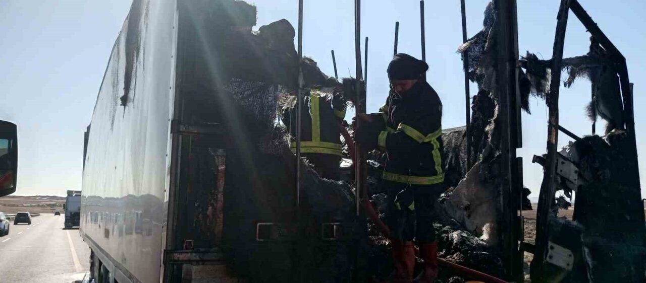 Şanlıurfa’nın Siverek ilçesinde seyir halindeyken dorsesinde yangın çıkan gıda yüklü