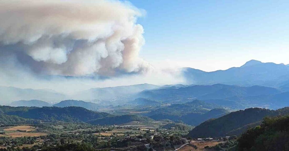 Suriye’nin Lazkiye bölgesinde ormanlık alanda çıkan yangın, Türkiye’nin en güneyinde