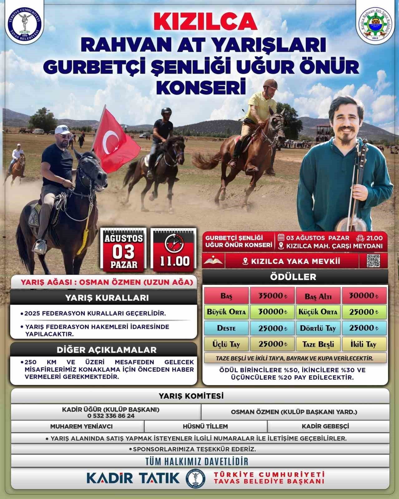 Tavas Belediyesi tarafından düzenlenecek olan Kızılca Rahvan At Yarışı ve