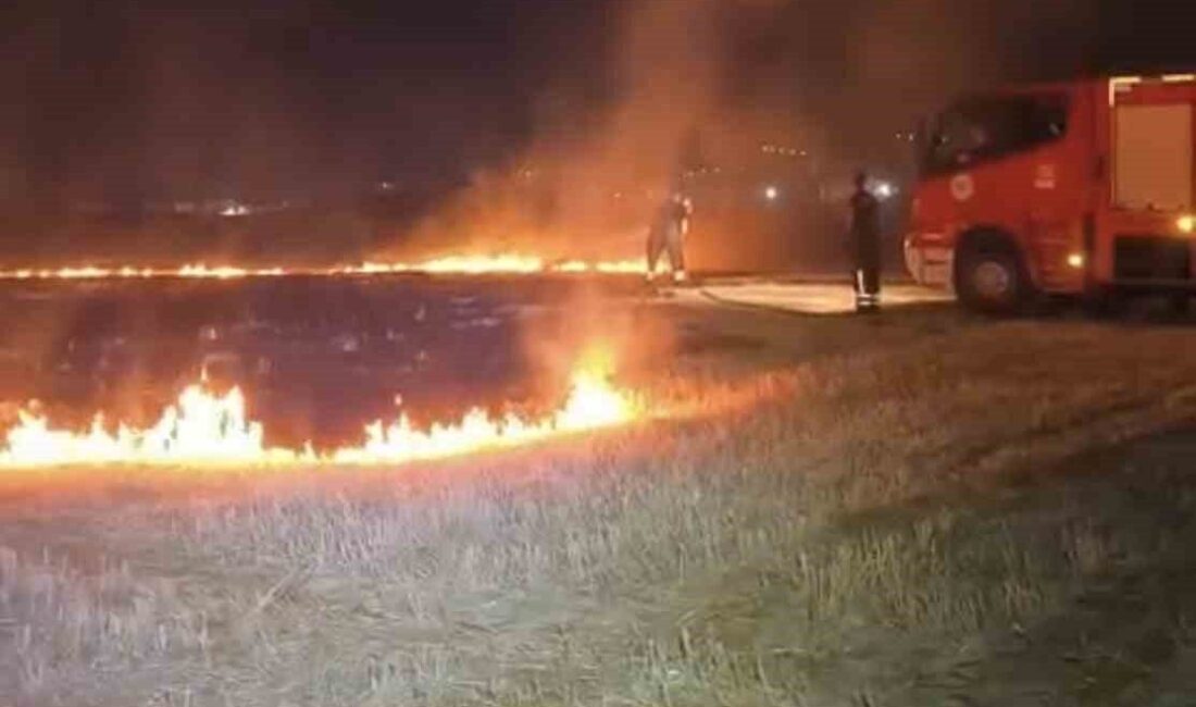 Tekirdağ’da gece yarısı biçilmiş anız tarlalarında çıkan yangın itfaiye ekiplerinin