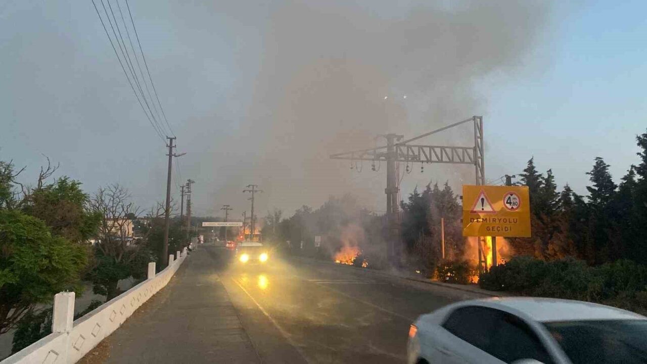 Tekirdağ’ın Ergene ilçesinde ot ve çalılık alanda çıkan yangın, itfaiye