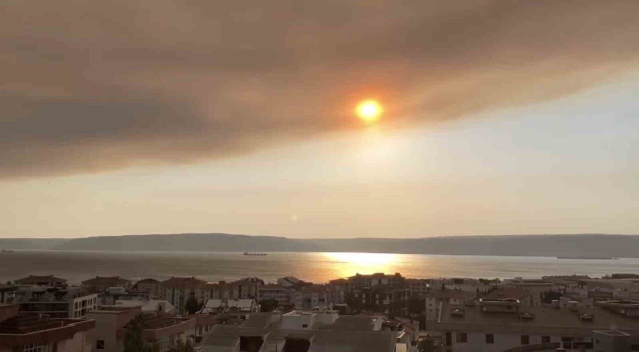 Tekirdağ’ın Şarköy ilçesinde devam eden yangının dumanı Çanakkale Boğazı’nı kapladı.