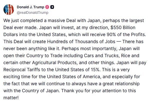 ABD Başkanı Donald Trump, Japonya ile ticaret anlaşmasına varıldığını duyurarak,