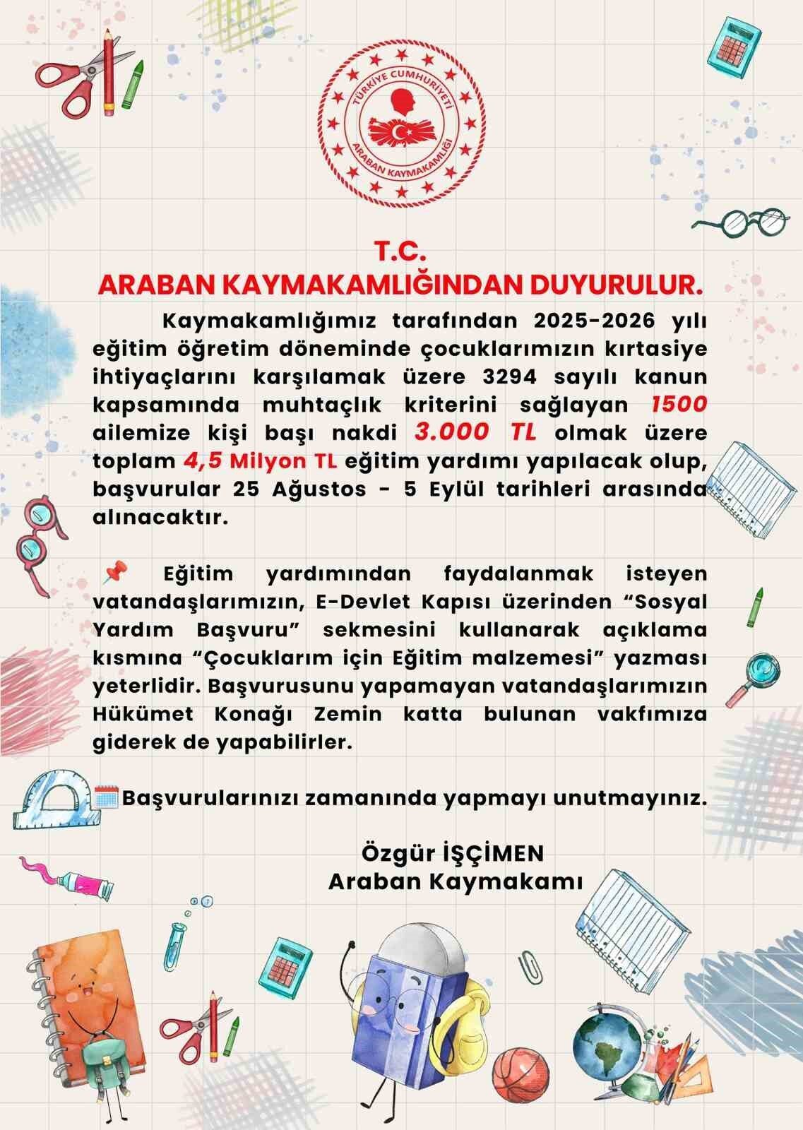 Gaziantep’in Araban İlçesi Kaymakamlığı, ilçedeki ihtiyaç sahibi ailelere kişi başı