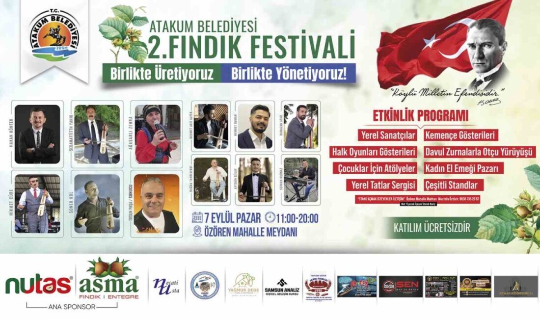 Samsun’un Atakum Belediyesi, ’2. Fındık Festivali’ni Özören Mahallesi’nde gerçekleştirilecek. ‘Birlikte